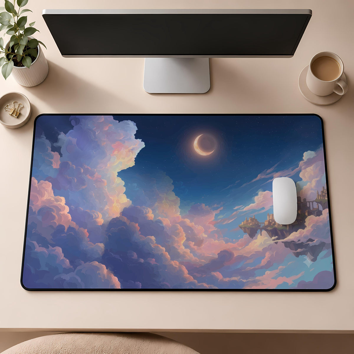 Dreamy Moon Night Sky Desk Mat, Anime Scenery Mouse Pad, Dreamy Cloud Workspace Decor