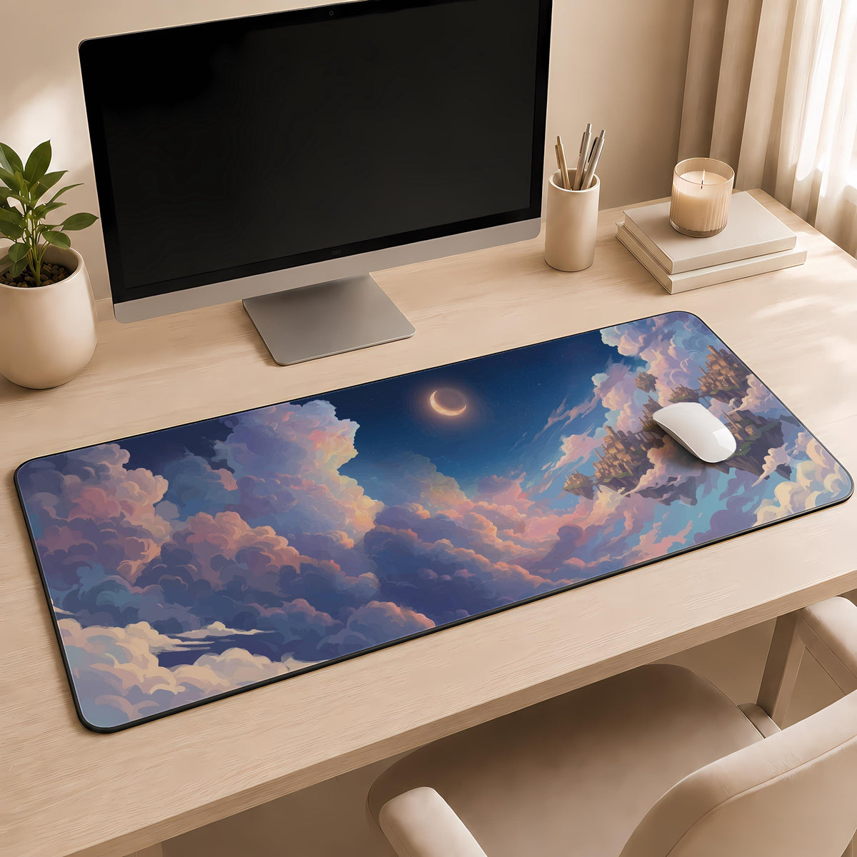 Dreamy Moon Night Sky Desk Mat, Anime Scenery Mouse Pad, Dreamy Cloud Workspace Decor