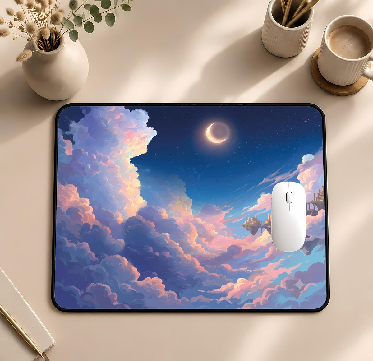 Dreamy Moon Night Sky Desk Mat, Anime Scenery Mouse Pad, Dreamy Cloud Workspace Decor
