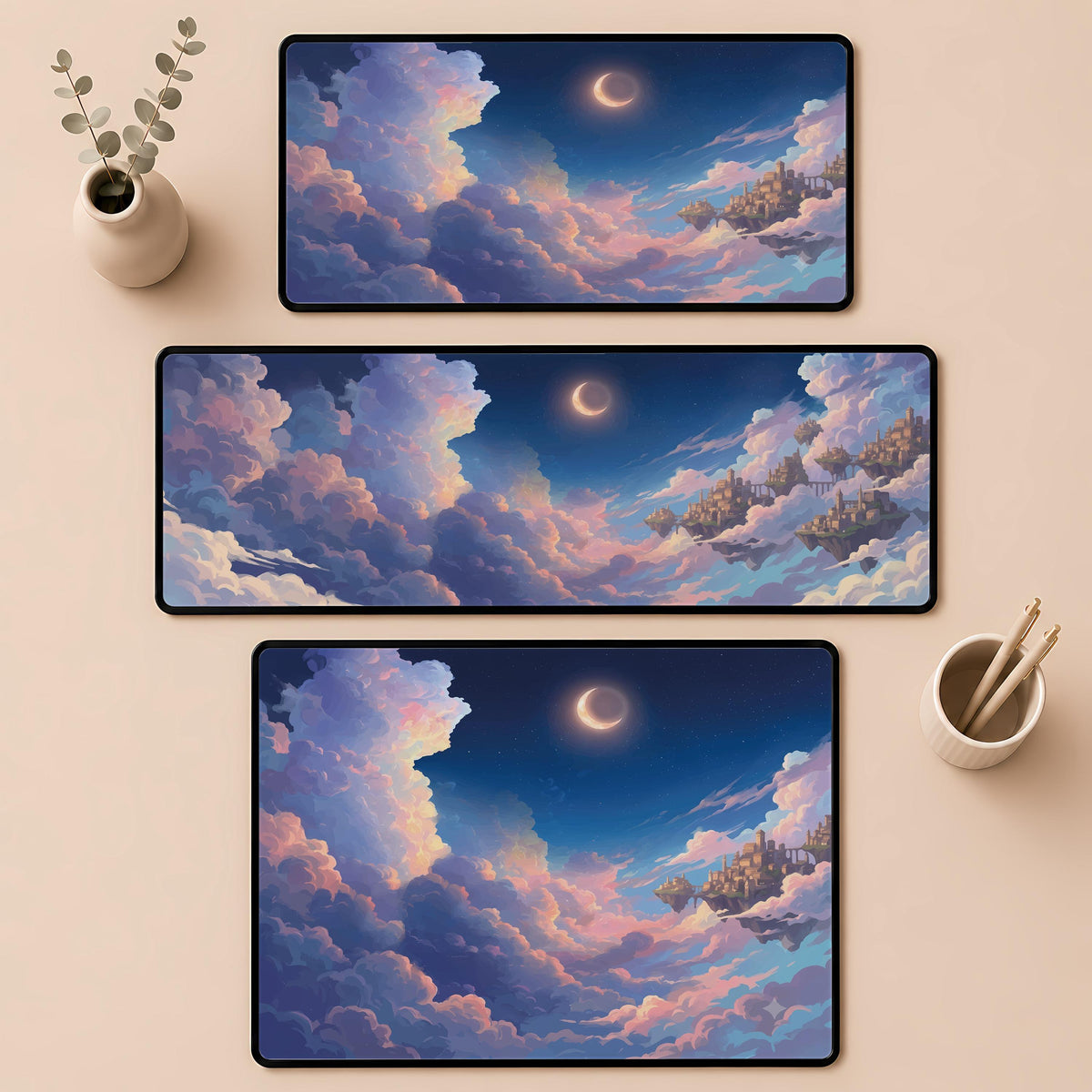Dreamy Moon Night Sky Desk Mat, Anime Scenery Mouse Pad, Dreamy Cloud Workspace Decor