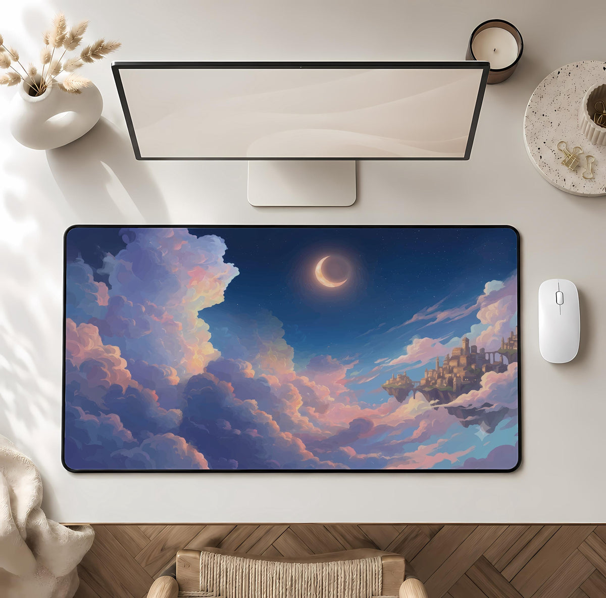 Dreamy Moon Night Sky Desk Mat, Anime Scenery Mouse Pad, Dreamy Cloud Workspace Decor