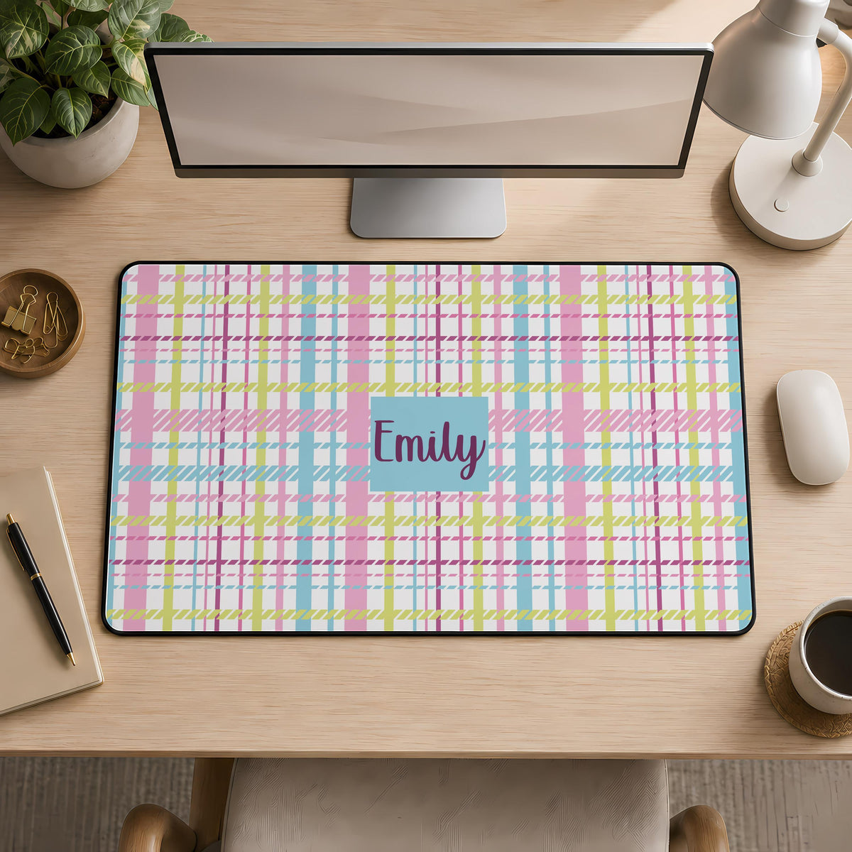 Personalized Name Pastel Plaid Desk Mat, Custom Name Preppy Mouse Pad