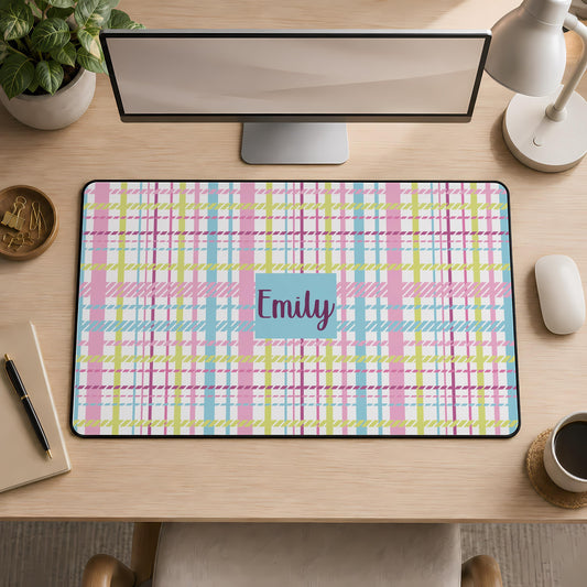 Personalized Name Pastel Plaid Desk Mat, Custom Name Preppy Mouse Pad