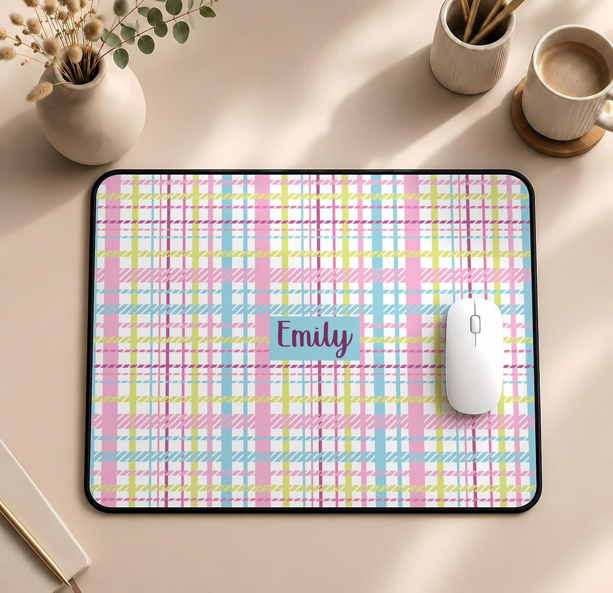 Personalized Name Pastel Plaid Desk Mat, Custom Name Preppy Mouse Pad
