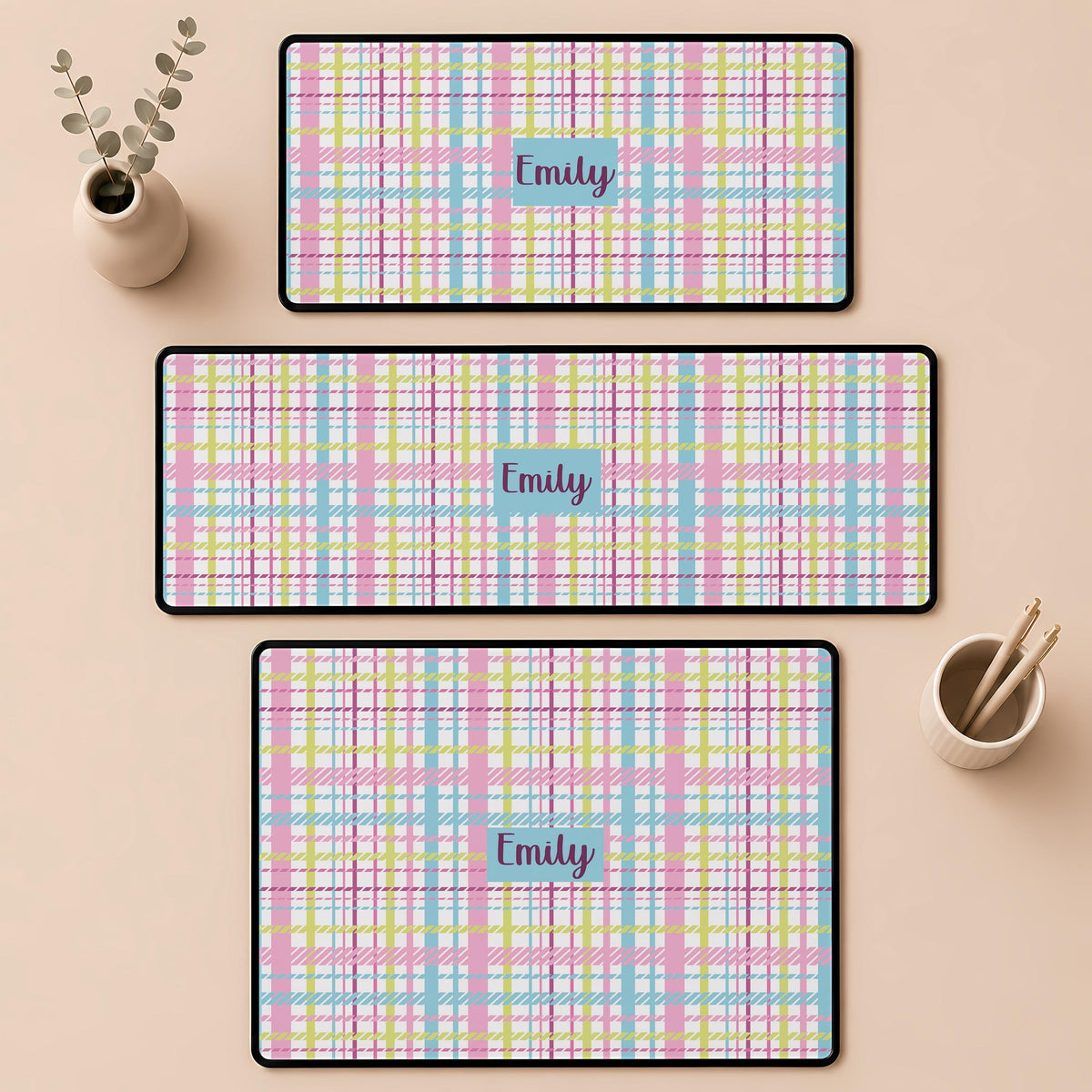 Personalized Name Pastel Plaid Desk Mat, Custom Name Preppy Mouse Pad