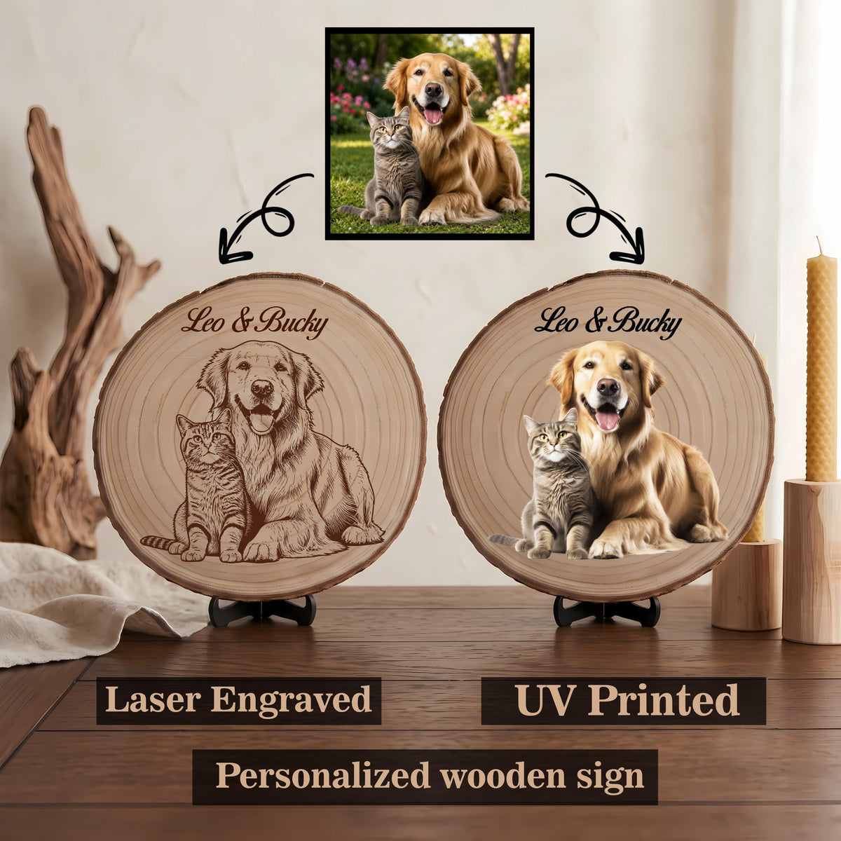 Custom Pet Photo Wood Sign, Color UV Print or Laser Engraved Pet Portrait Keepsake