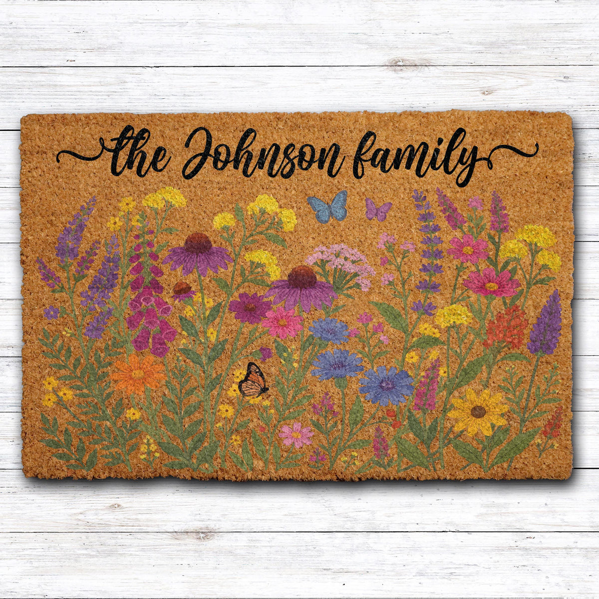 Personalized Botanical Welcome Mat, Custom Family Name Wildflower Doormat