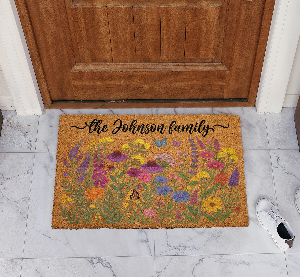 Personalized Botanical Welcome Mat, Custom Family Name Wildflower Doormat