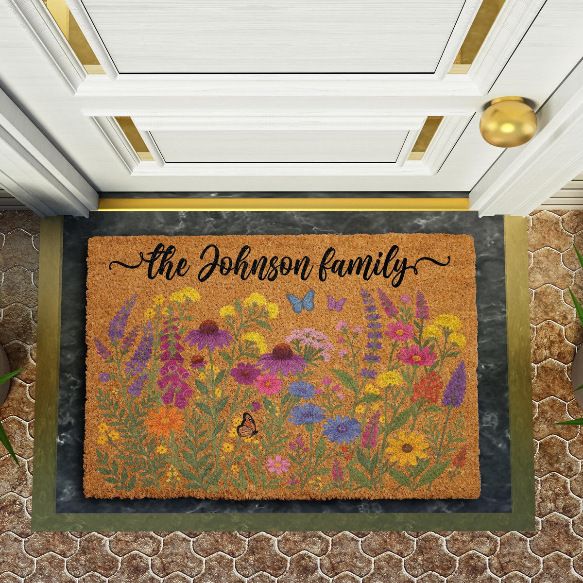 Personalized Botanical Welcome Mat, Custom Family Name Wildflower Doormat