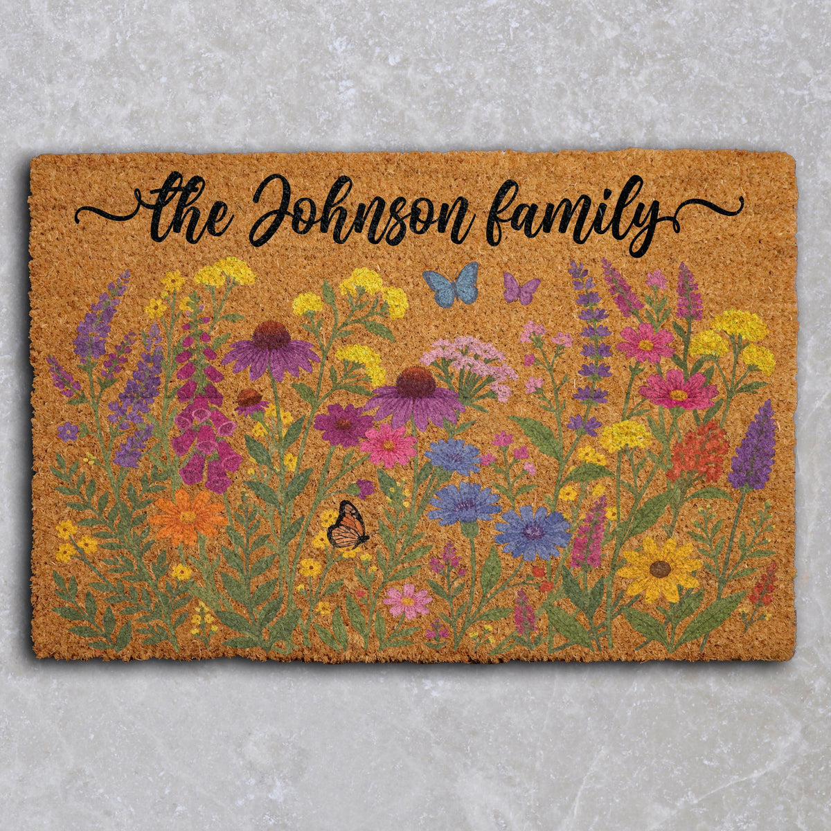 Personalized Botanical Welcome Mat, Custom Family Name Wildflower Doormat