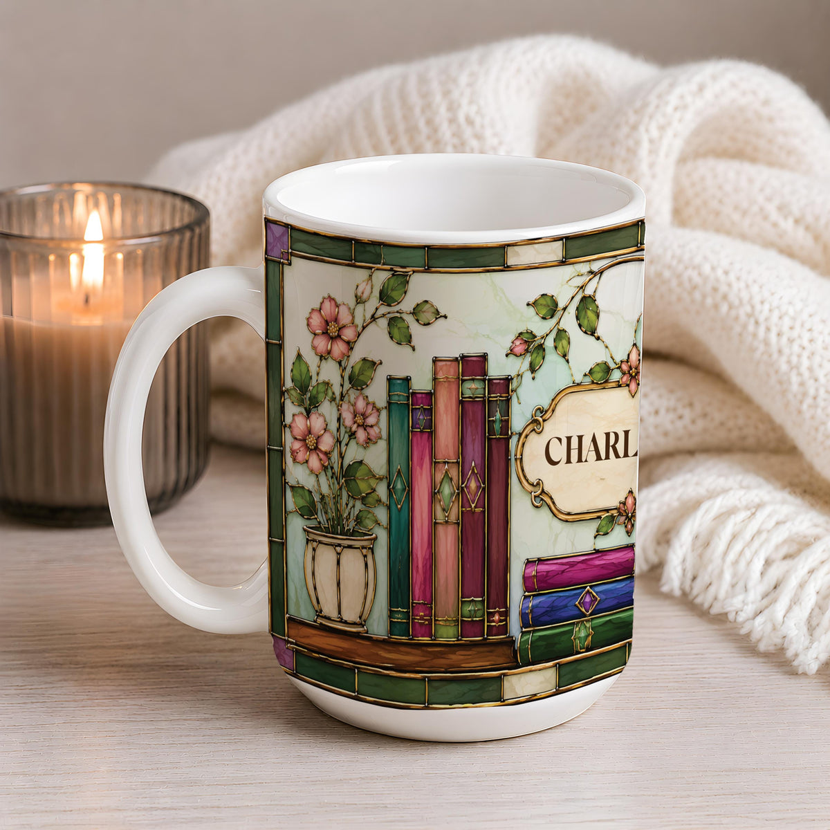 Custom Name Stained Glass Design Bookish Coffee Mug