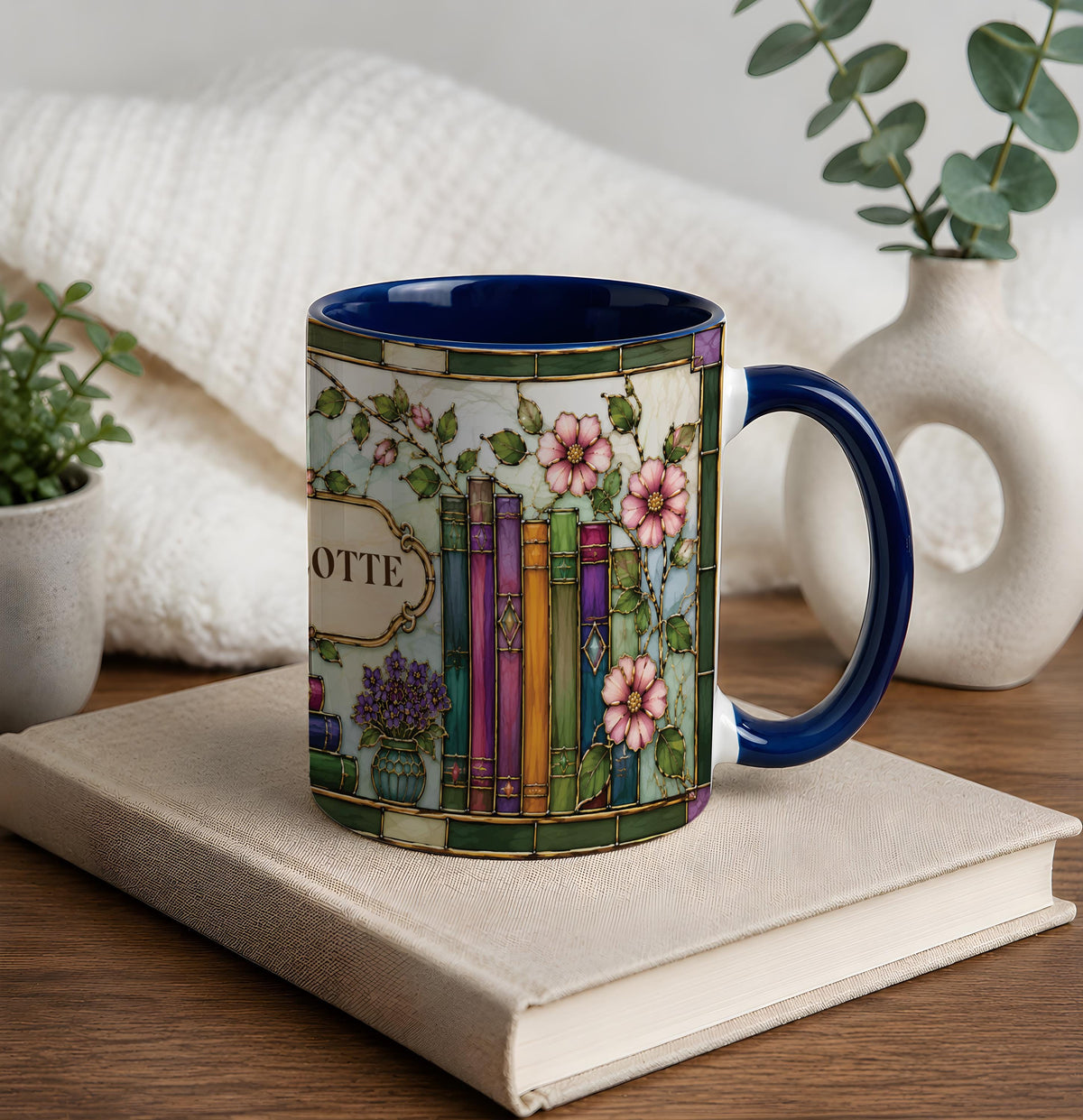 Custom Name Stained Glass Design Bookish Coffee Mug