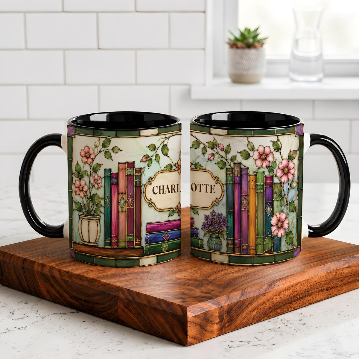 Custom Name Stained Glass Design Bookish Coffee Mug