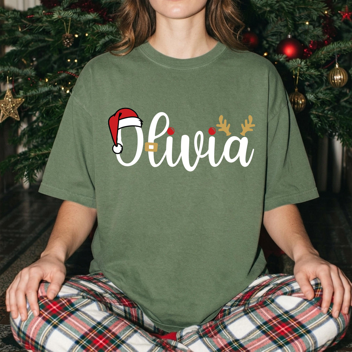 Custom Name Santa Hat Comfort Colors® Shirt, Family Matching Xmas Tees, Christmas Crew Gift