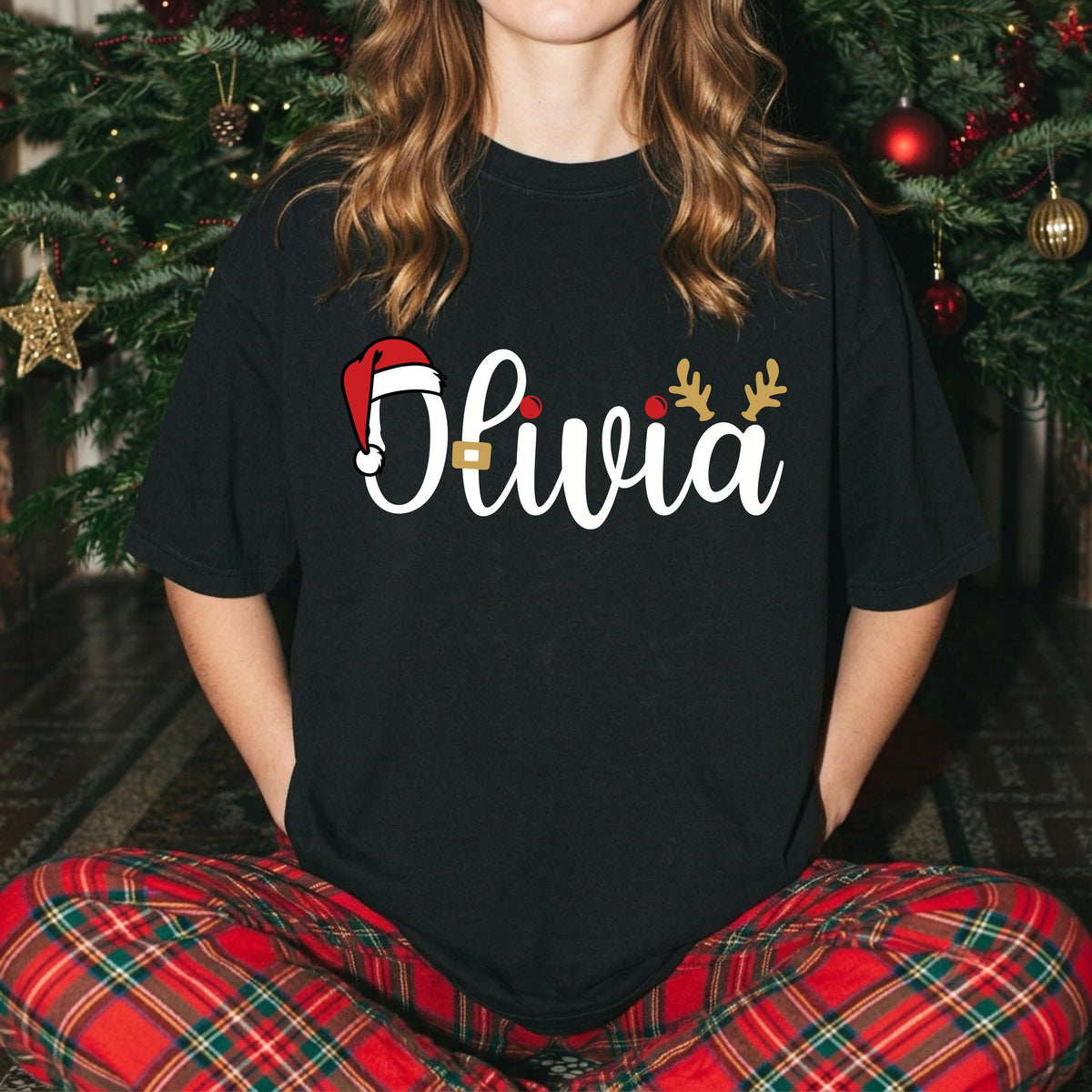 Custom Name Santa Hat Comfort Colors® Shirt, Family Matching Xmas Tees, Christmas Crew Gift