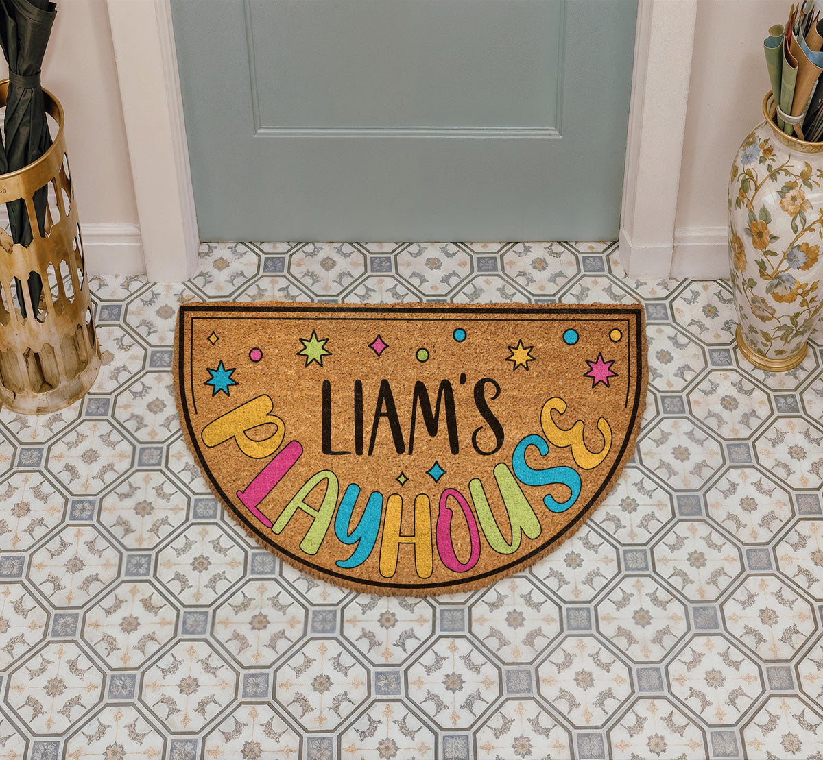 Custom Playhouse Doormat, Colorful Play House Welcome Mat, Kids Name Play Room Rug