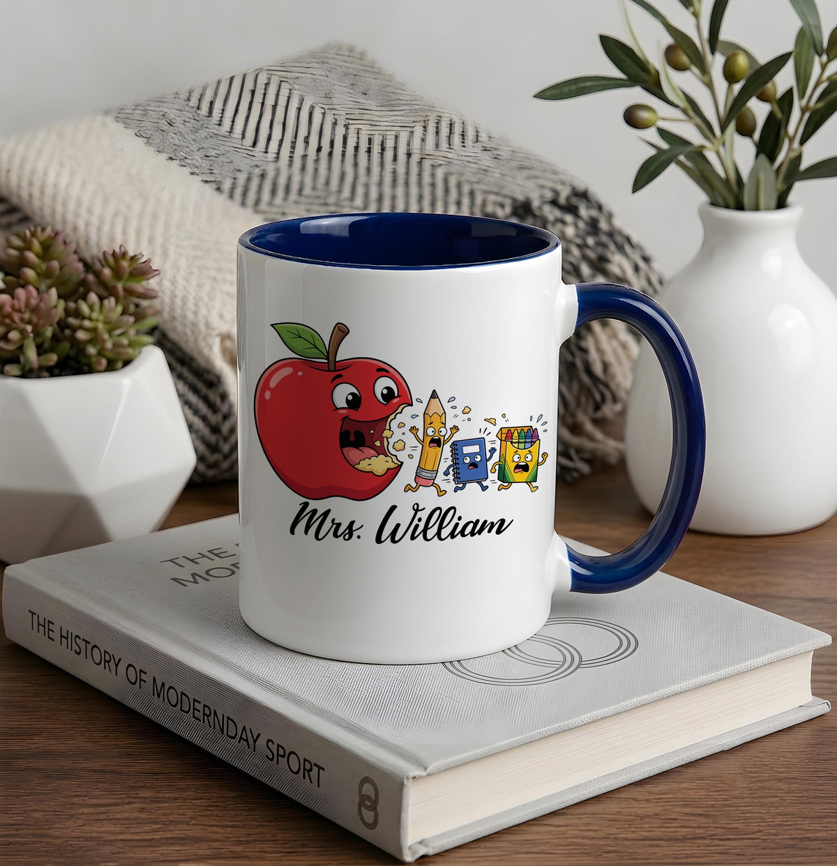 Personalized Funny Teacher Mug, Custom Name Back to School Teacher Gift, Cute Apple Teacher Cup