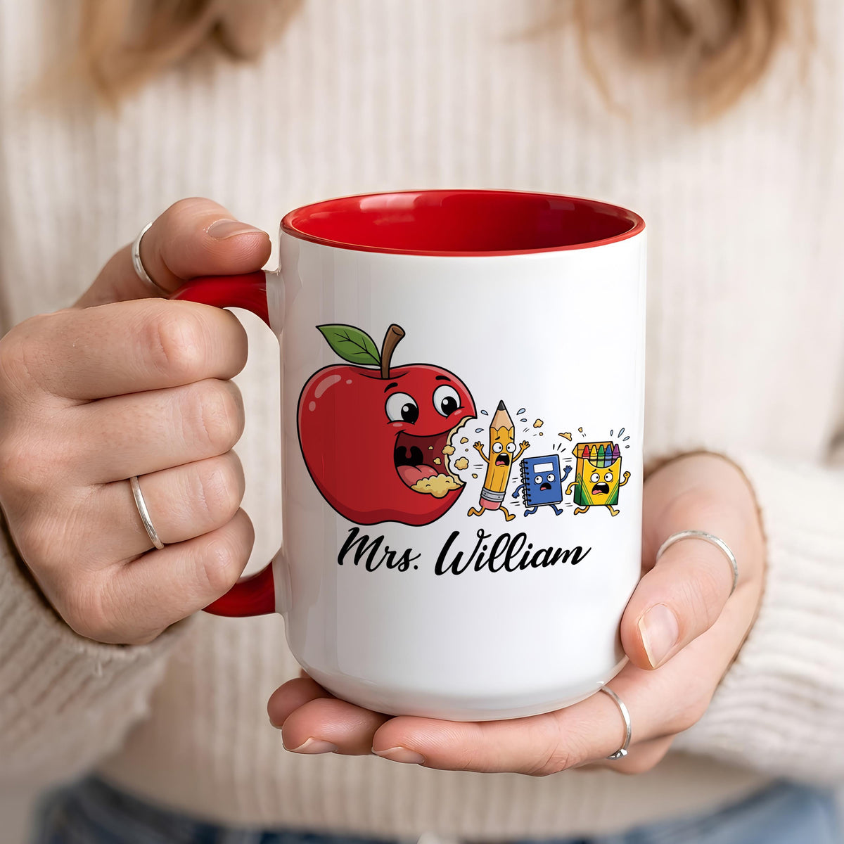 Personalized Funny Teacher Mug, Custom Name Back to School Teacher Gift, Cute Apple Teacher Cup