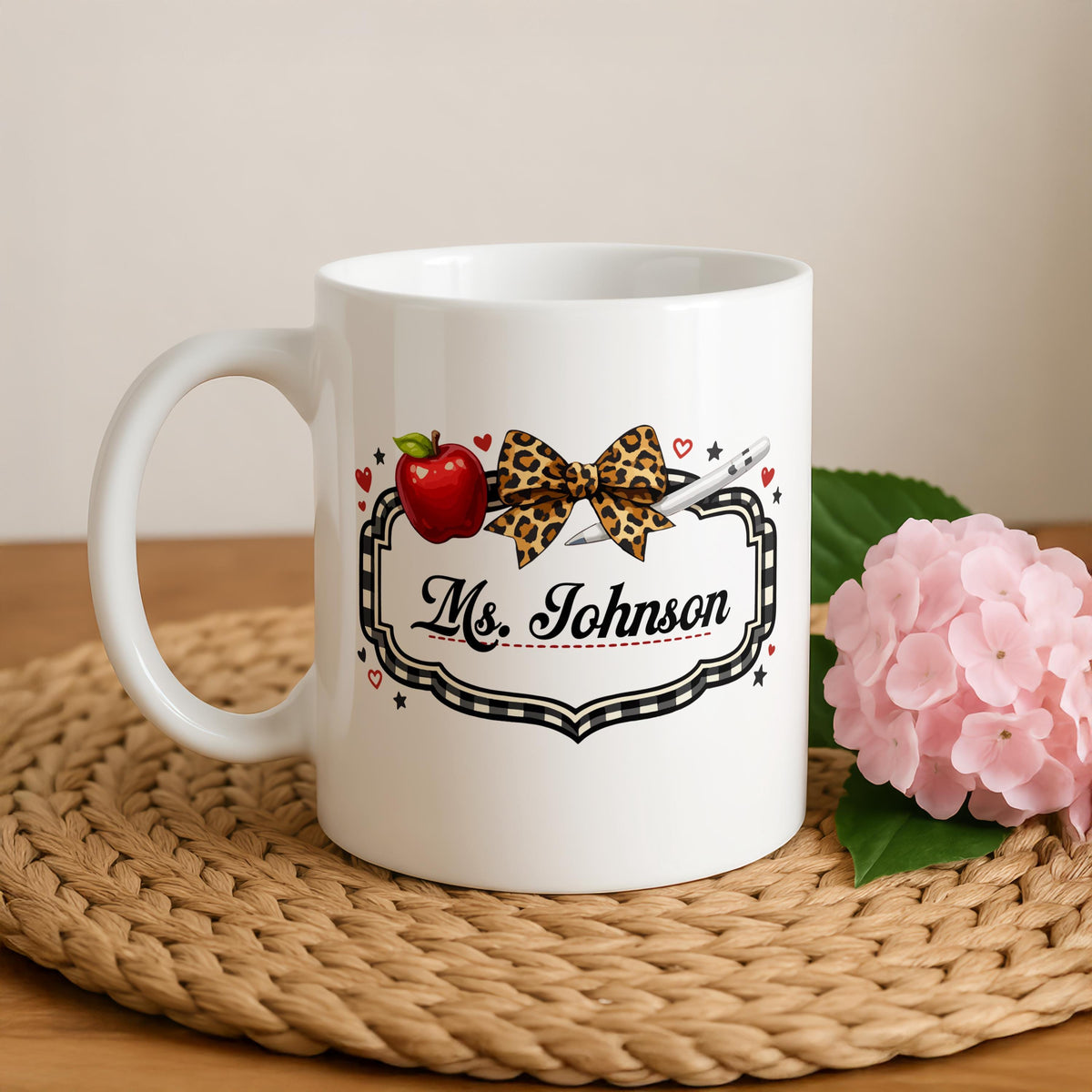 Personalized Teacher Name Leopard Bow Apple Mug, Cute Back to School Gift