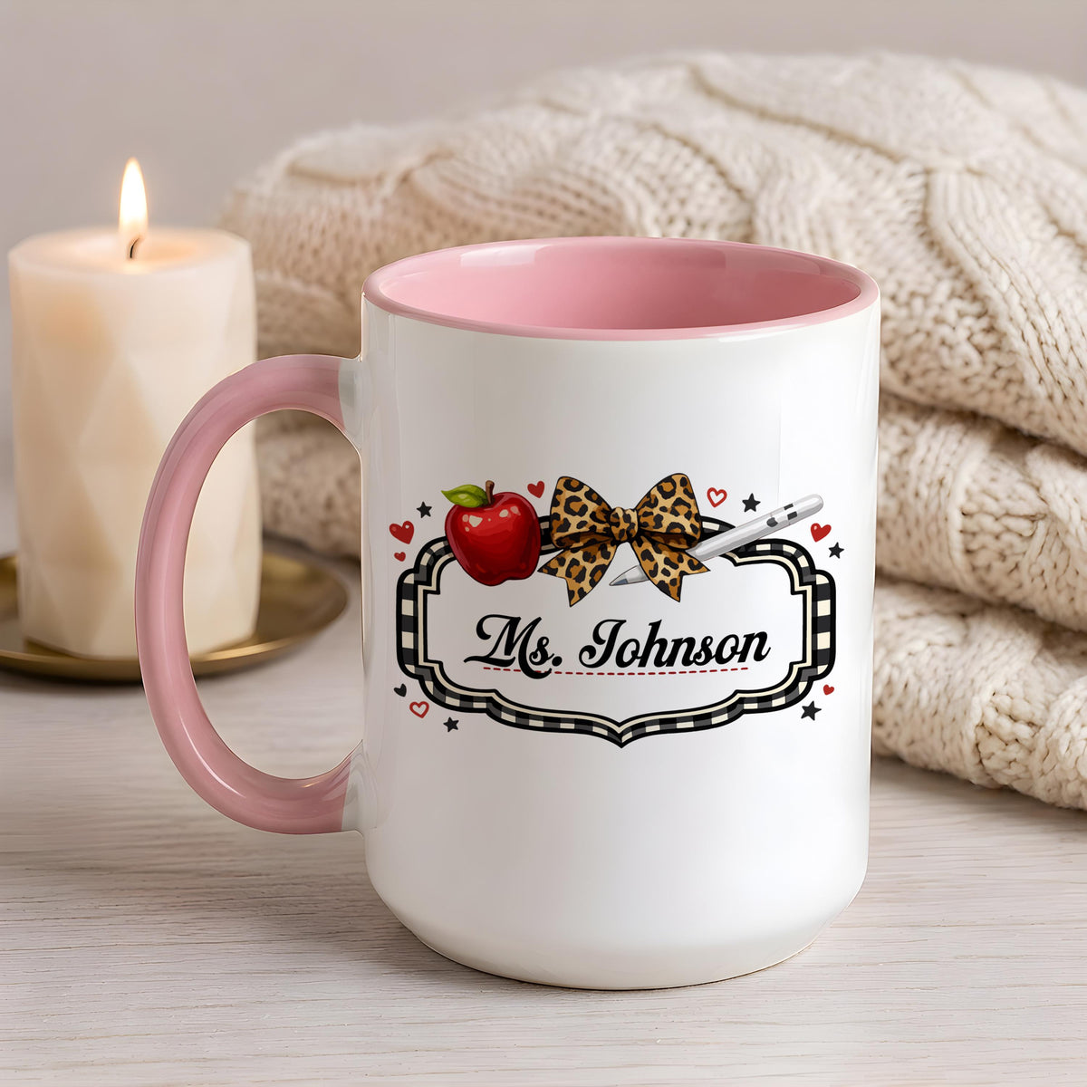 Personalized Teacher Name Leopard Bow Apple Mug, Cute Back to School Gift