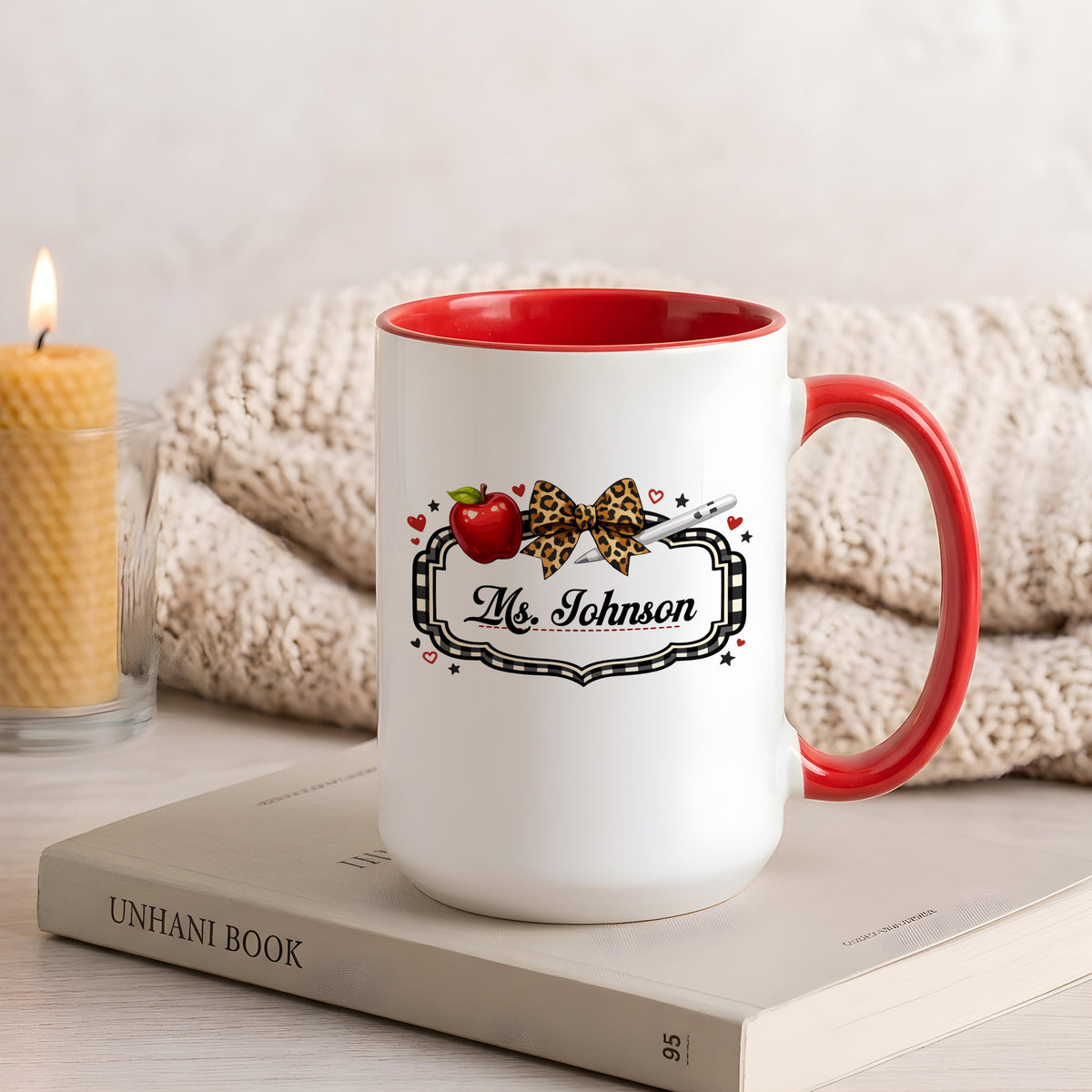 Personalized Teacher Name Leopard Bow Apple Mug, Cute Back to School Gift