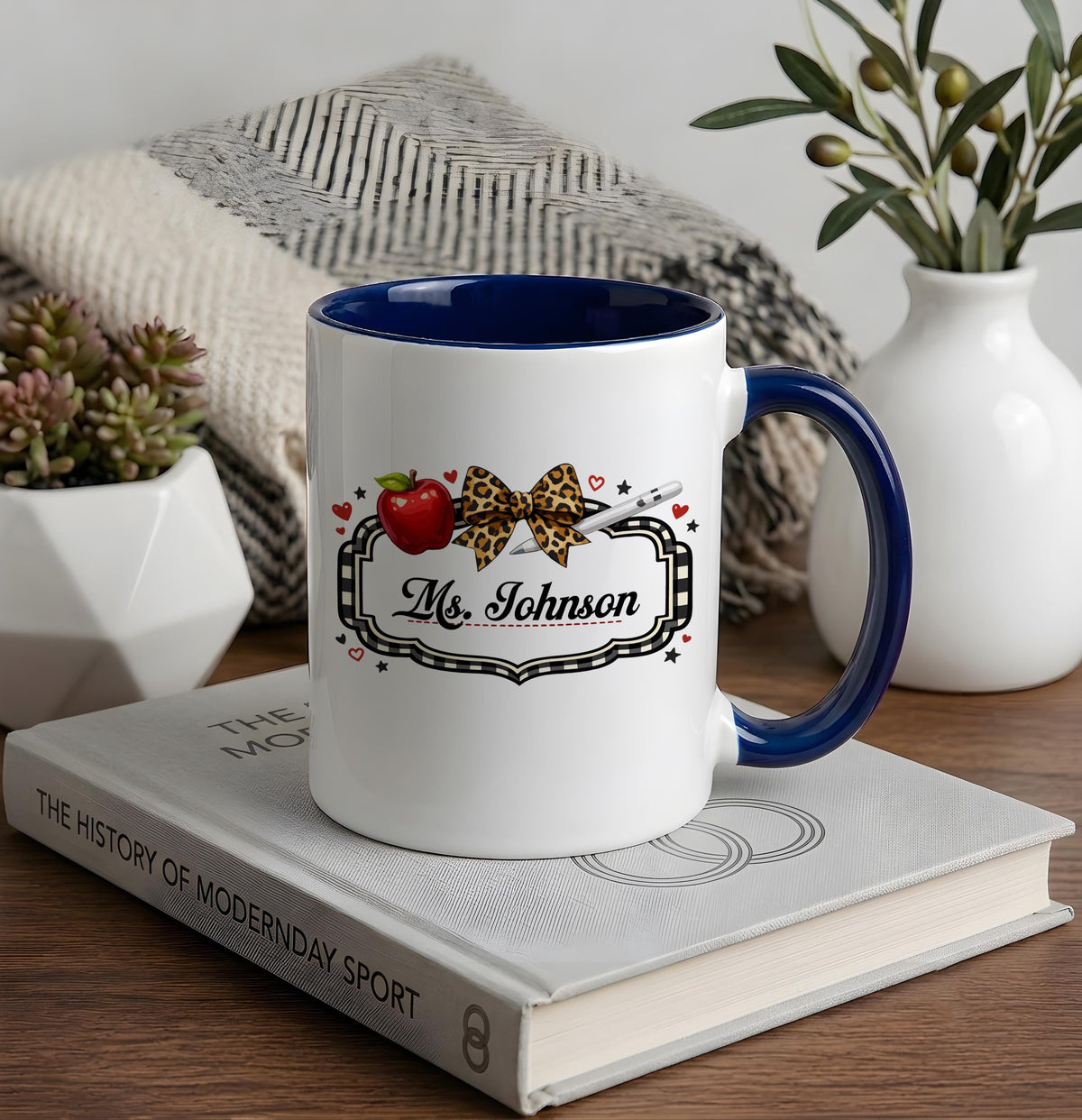 Personalized Teacher Name Leopard Bow Apple Mug, Cute Back to School Gift