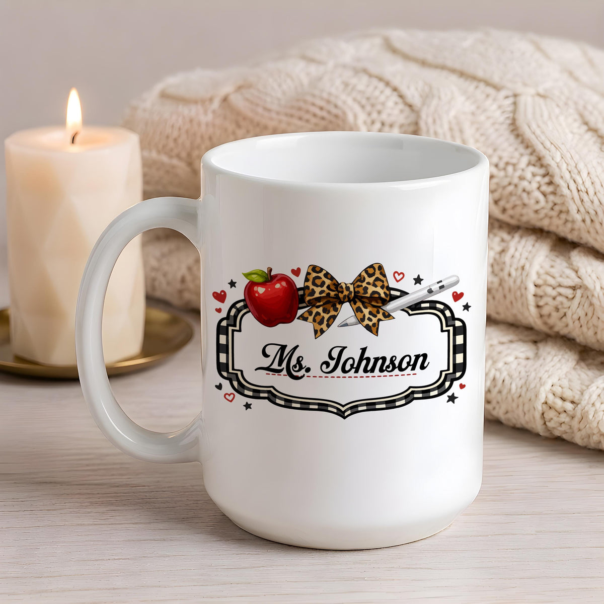 Personalized Teacher Name Leopard Bow Apple Mug, Cute Back to School Gift