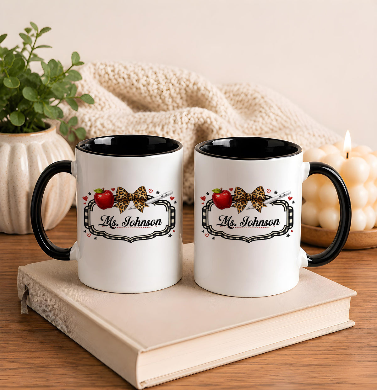 Personalized Teacher Name Leopard Bow Apple Mug, Cute Back to School Gift