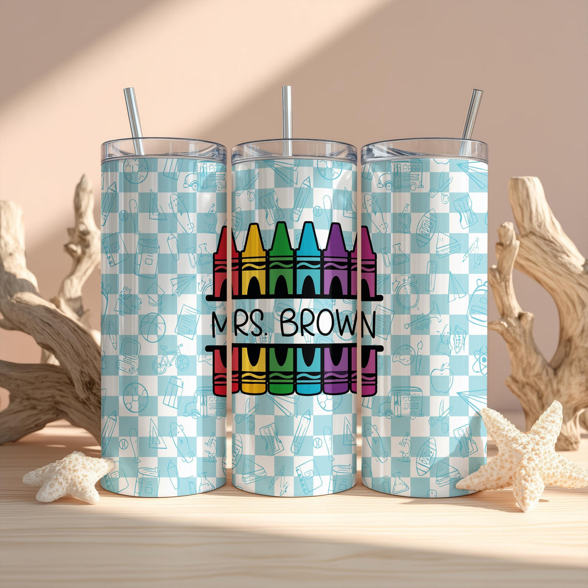 Personalized Teacher Tumbler, Custom Baby Blue Checker Tumbler, Back to School Teacher Gift