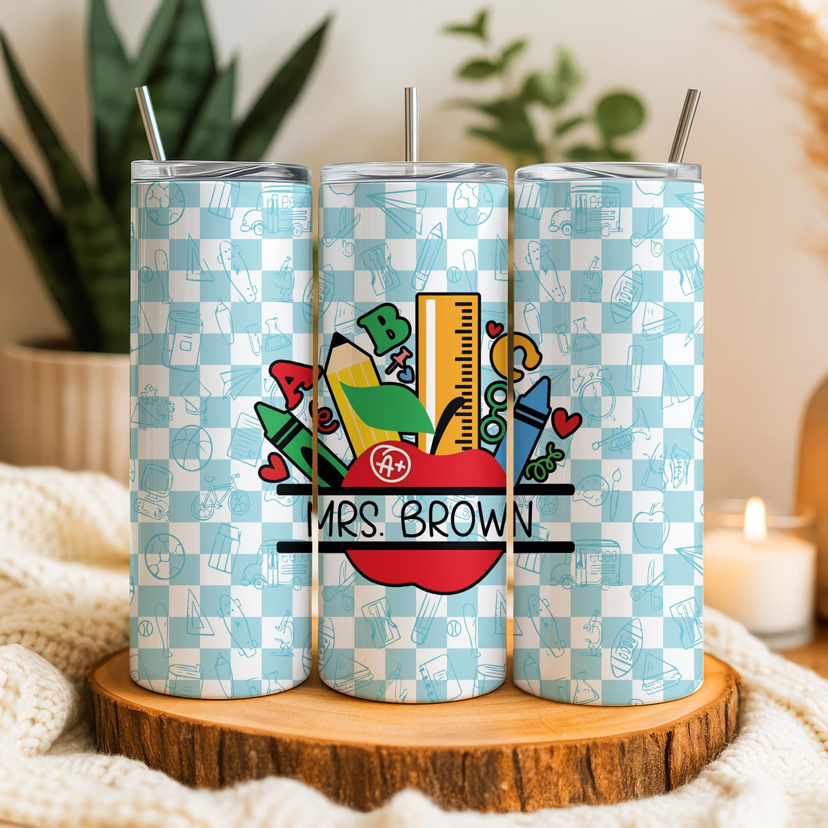Personalized Teacher Tumbler, Custom Baby Blue Checker Tumbler, Back to School Teacher Gift
