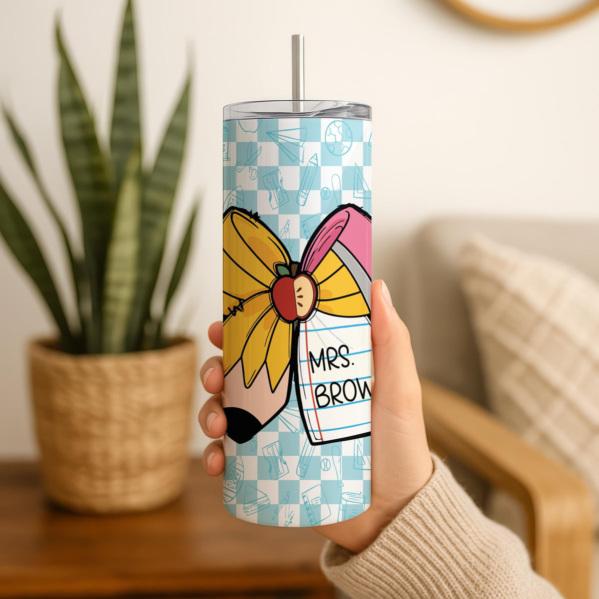 Personalized Teacher Tumbler, Custom Baby Blue Checker Tumbler, Back to School Teacher Gift
