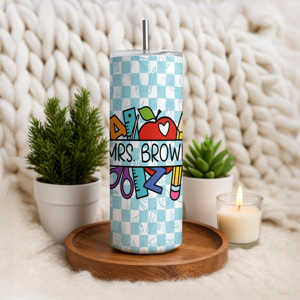 Personalized Teacher Tumbler, Custom Baby Blue Checker Tumbler, Back to School Teacher Gift