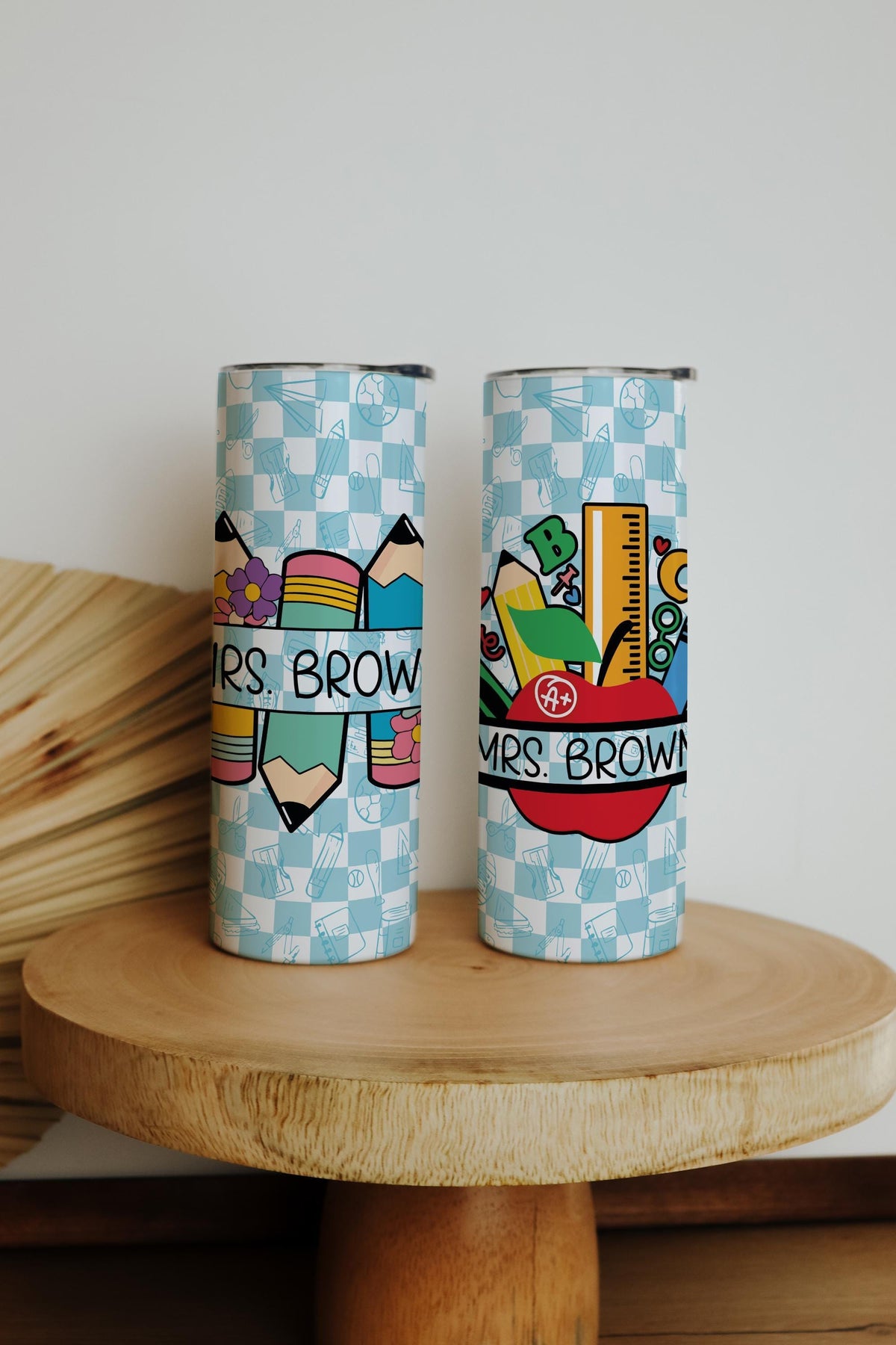Personalized Teacher Tumbler, Custom Baby Blue Checker Tumbler, Back to School Teacher Gift