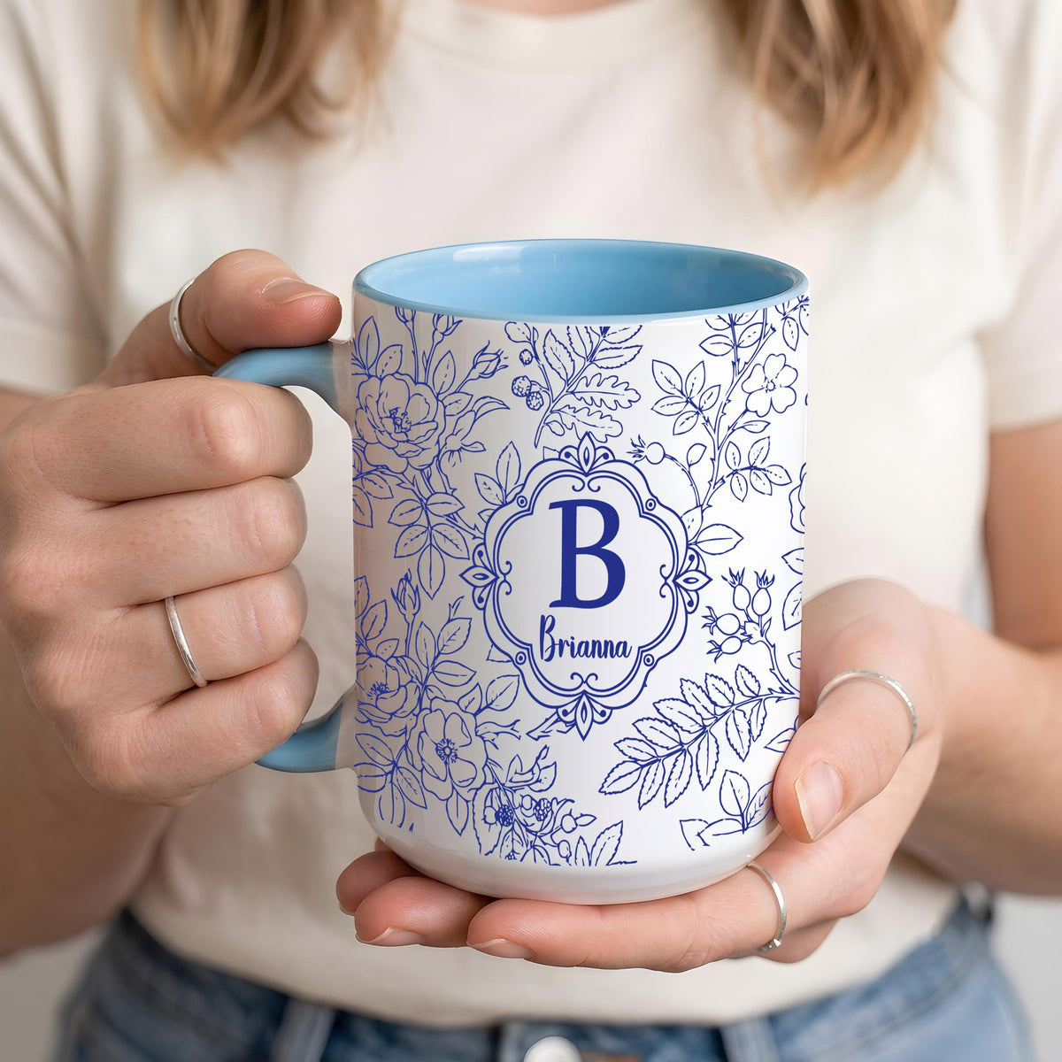 Personalized Floral Monogram Mug, Custom Name & Color Coffee Cup, Bridesmaid Proposal Cup