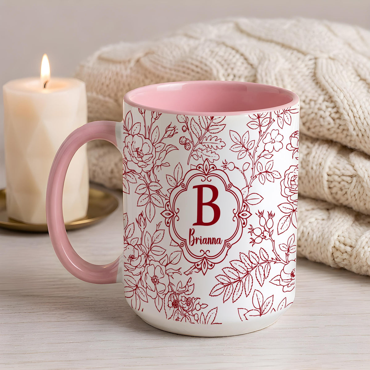Personalized Floral Monogram Mug, Custom Name & Color Coffee Cup, Bridesmaid Proposal Cup