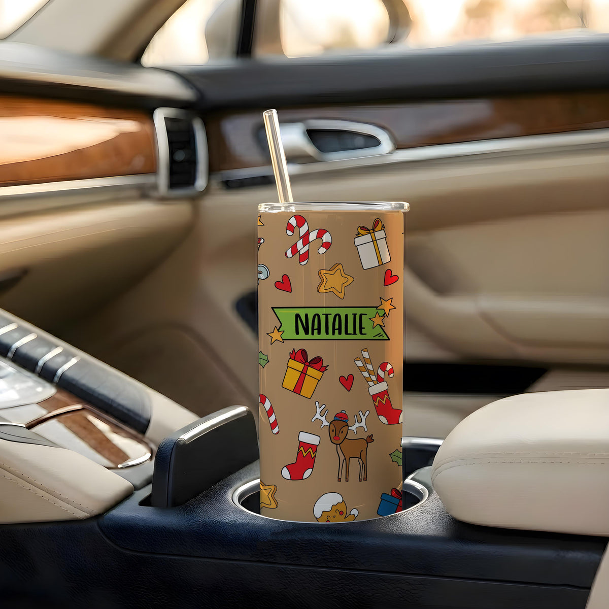 Personalized Christmas Tumbler, Custom Name Insulated Steel Cup with Straw