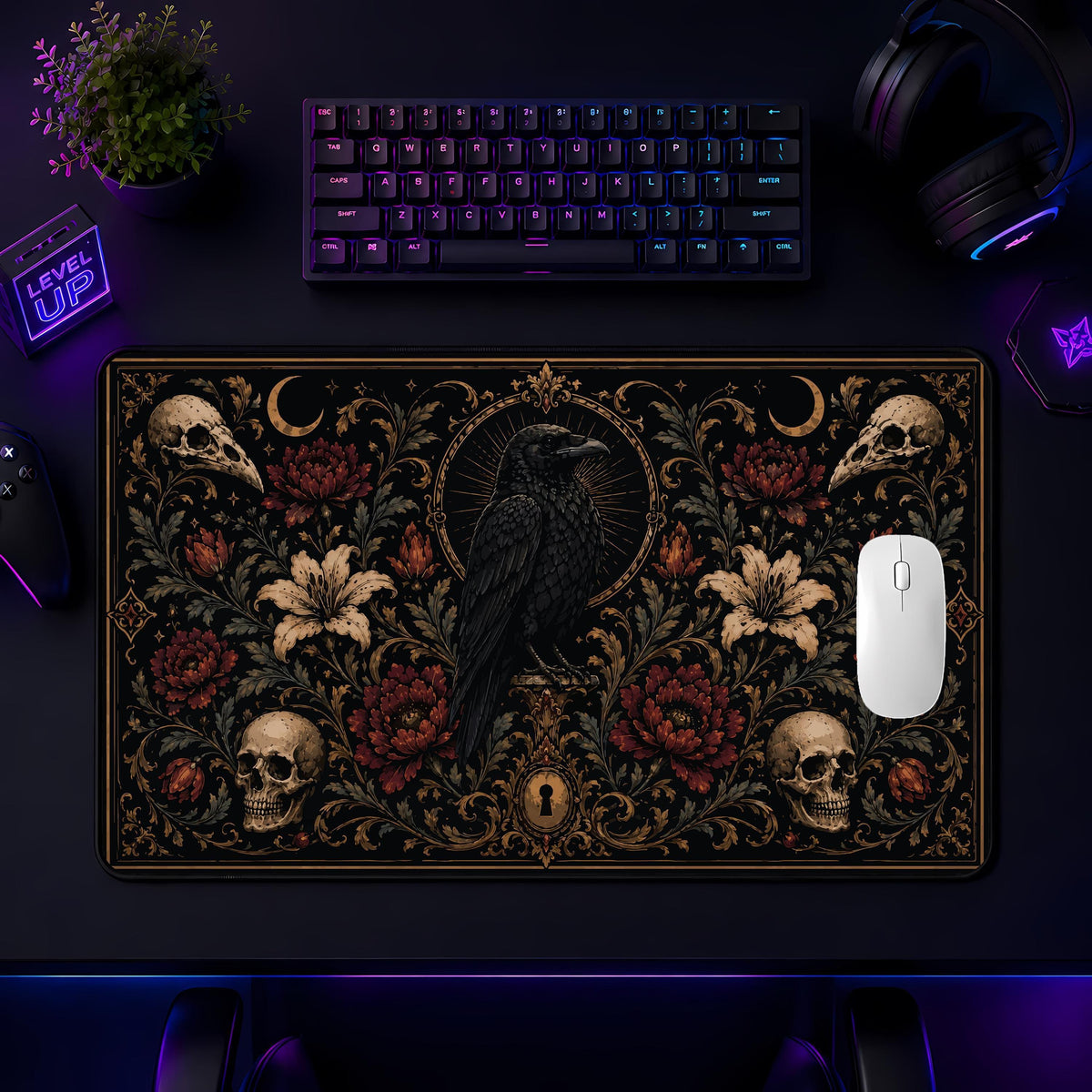 Gothic Raven Skull Floral Desk Mat, Witchy Office Decor, Spooky Workspace Accessory