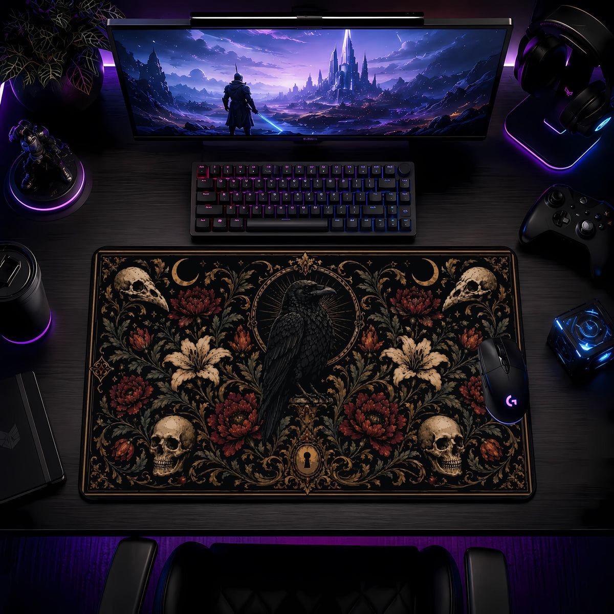 Gothic Raven Skull Floral Desk Mat, Witchy Office Decor, Spooky Workspace Accessory