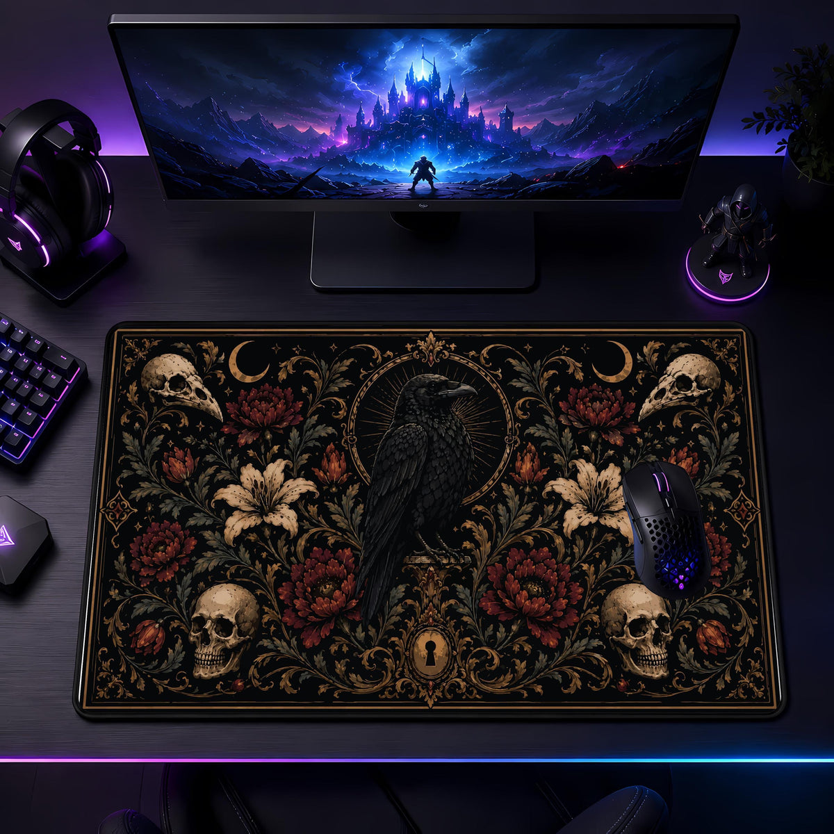 Gothic Raven Skull Floral Desk Mat, Witchy Office Decor, Spooky Workspace Accessory