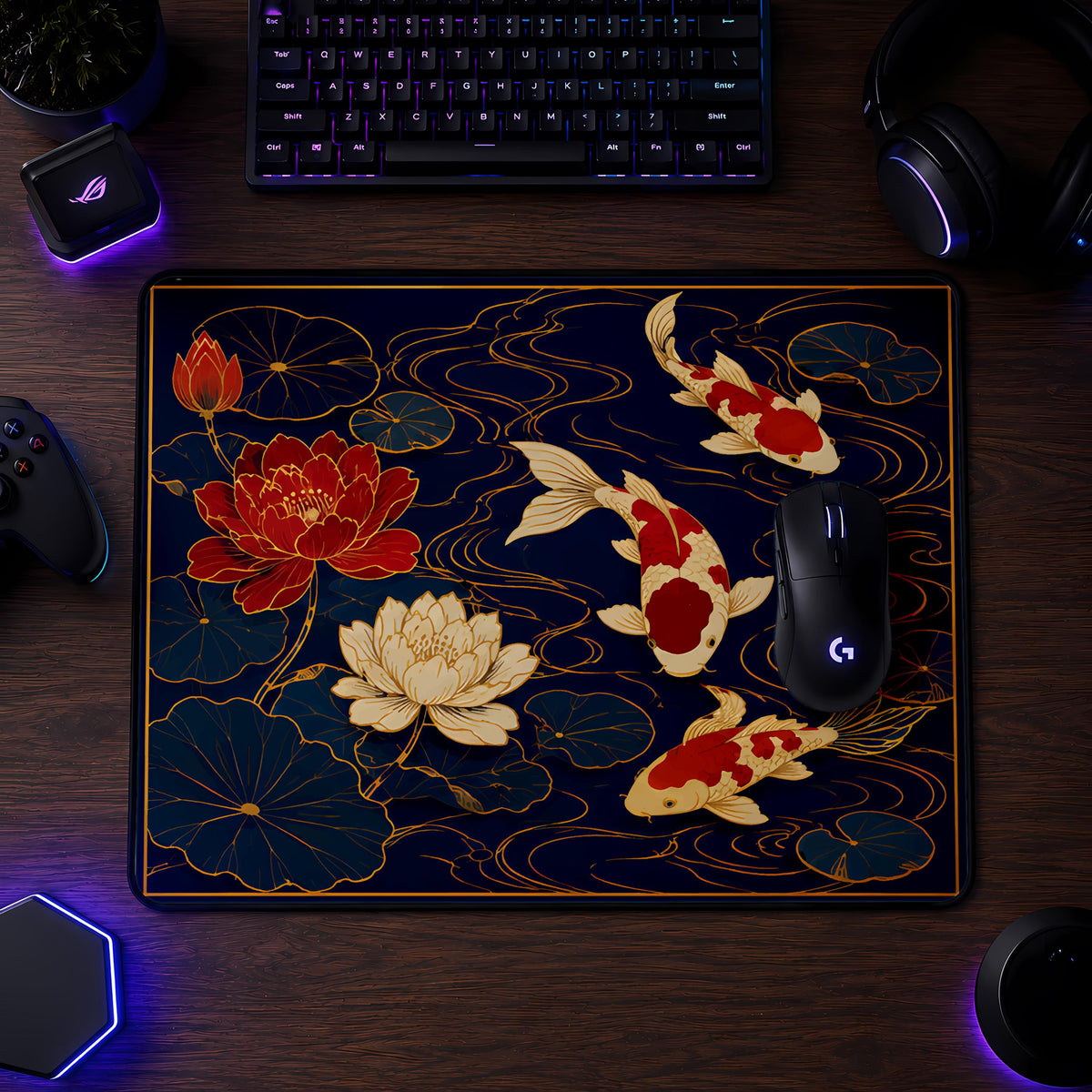 Japanese Koi Lotus Flower Desk Mat, Zen Workspace Decor, Asian Art Gaming Mouse Pad