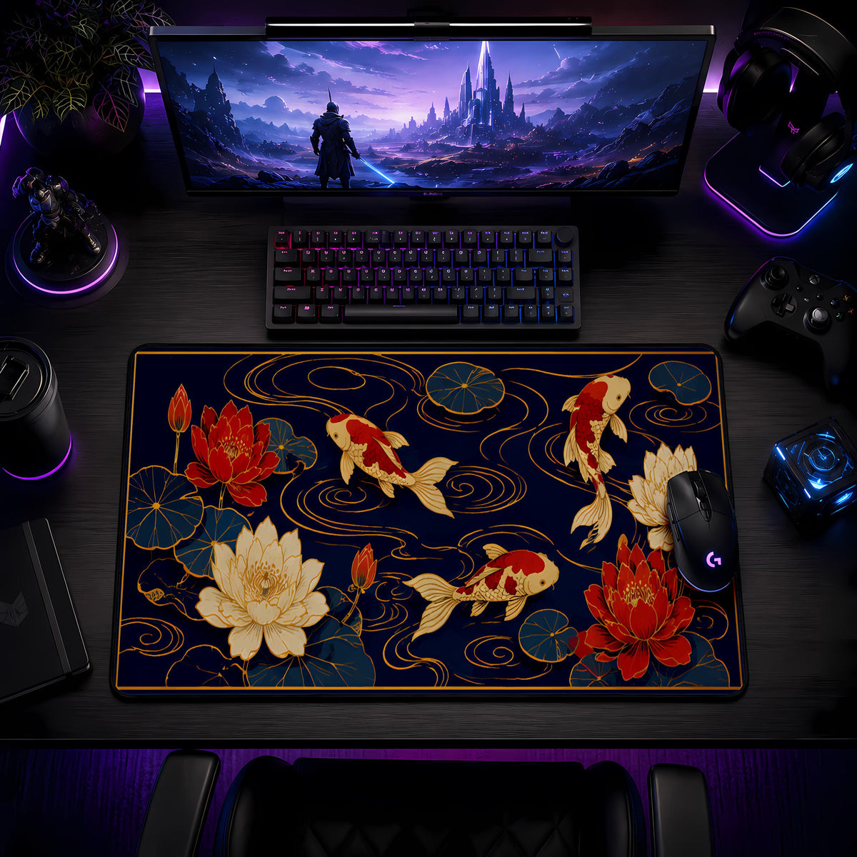 Japanese Koi Lotus Flower Desk Mat, Zen Workspace Decor, Asian Art Gaming Mouse Pad