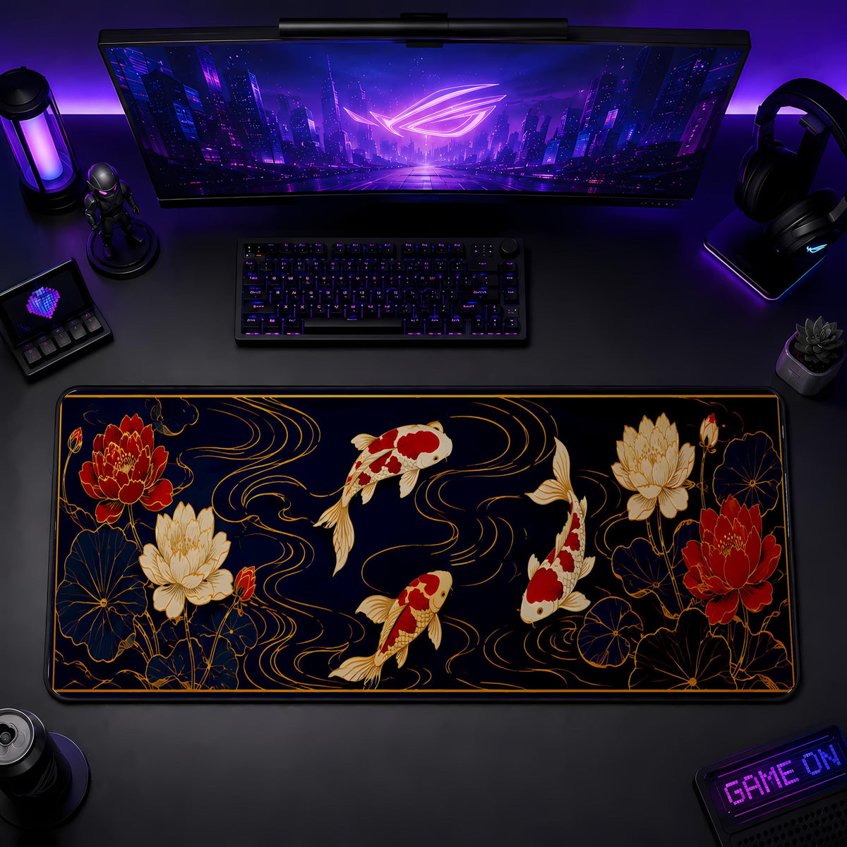 Japanese Koi Lotus Flower Desk Mat, Zen Workspace Decor, Asian Art Gaming Mouse Pad