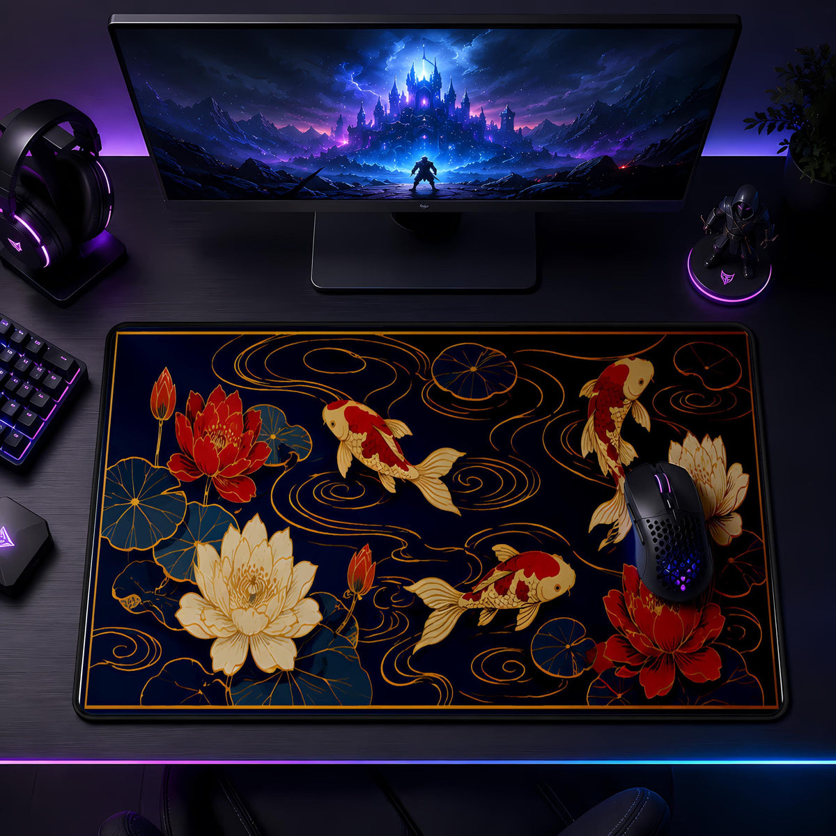 Japanese Koi Lotus Flower Desk Mat, Zen Workspace Decor, Asian Art Gaming Mouse Pad