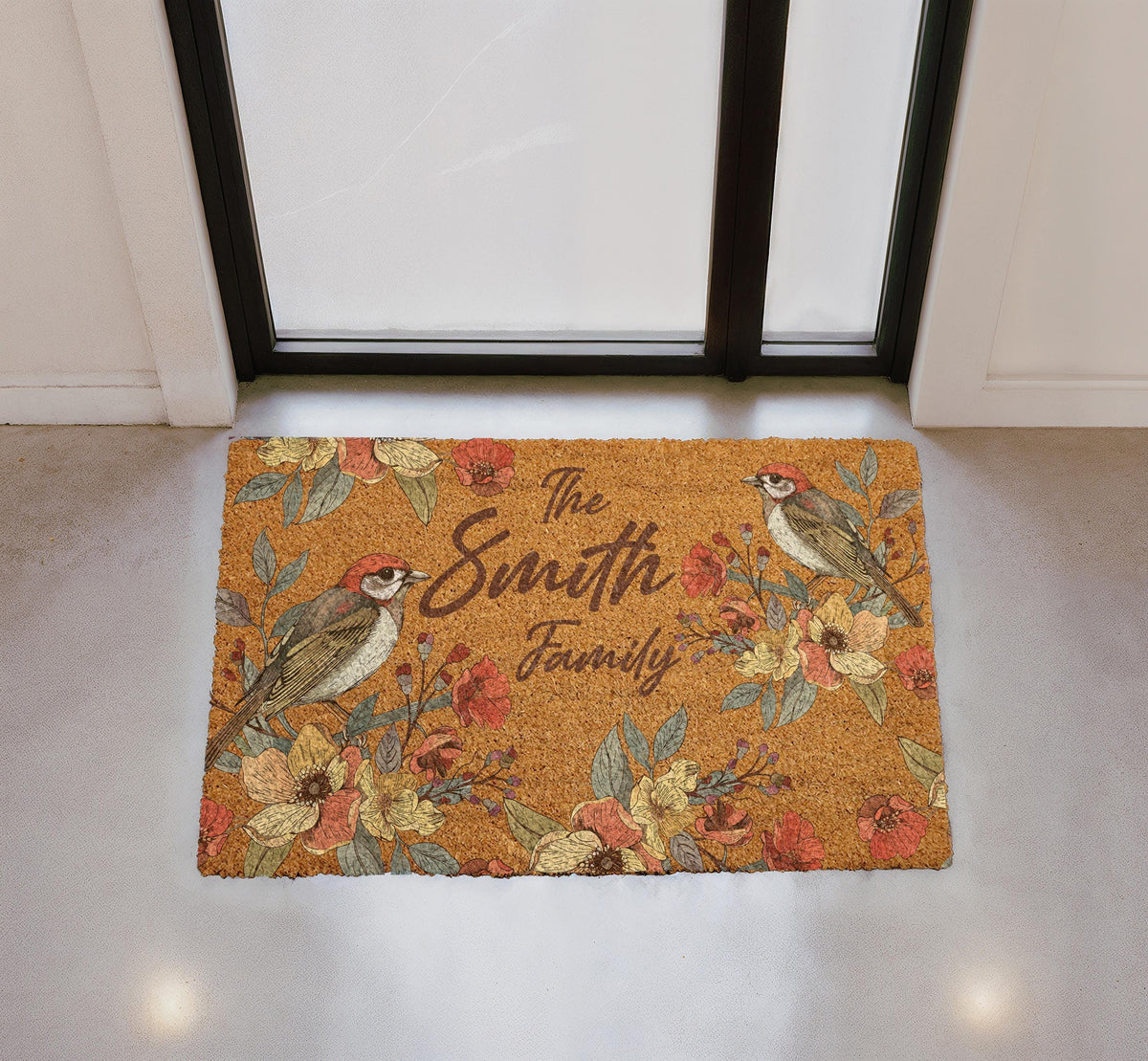 Personalized Floral Bird Door Mat, Botanical Coir Welcome Mat