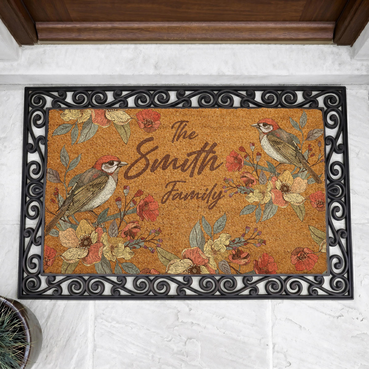 Personalized Floral Bird Door Mat, Botanical Coir Welcome Mat