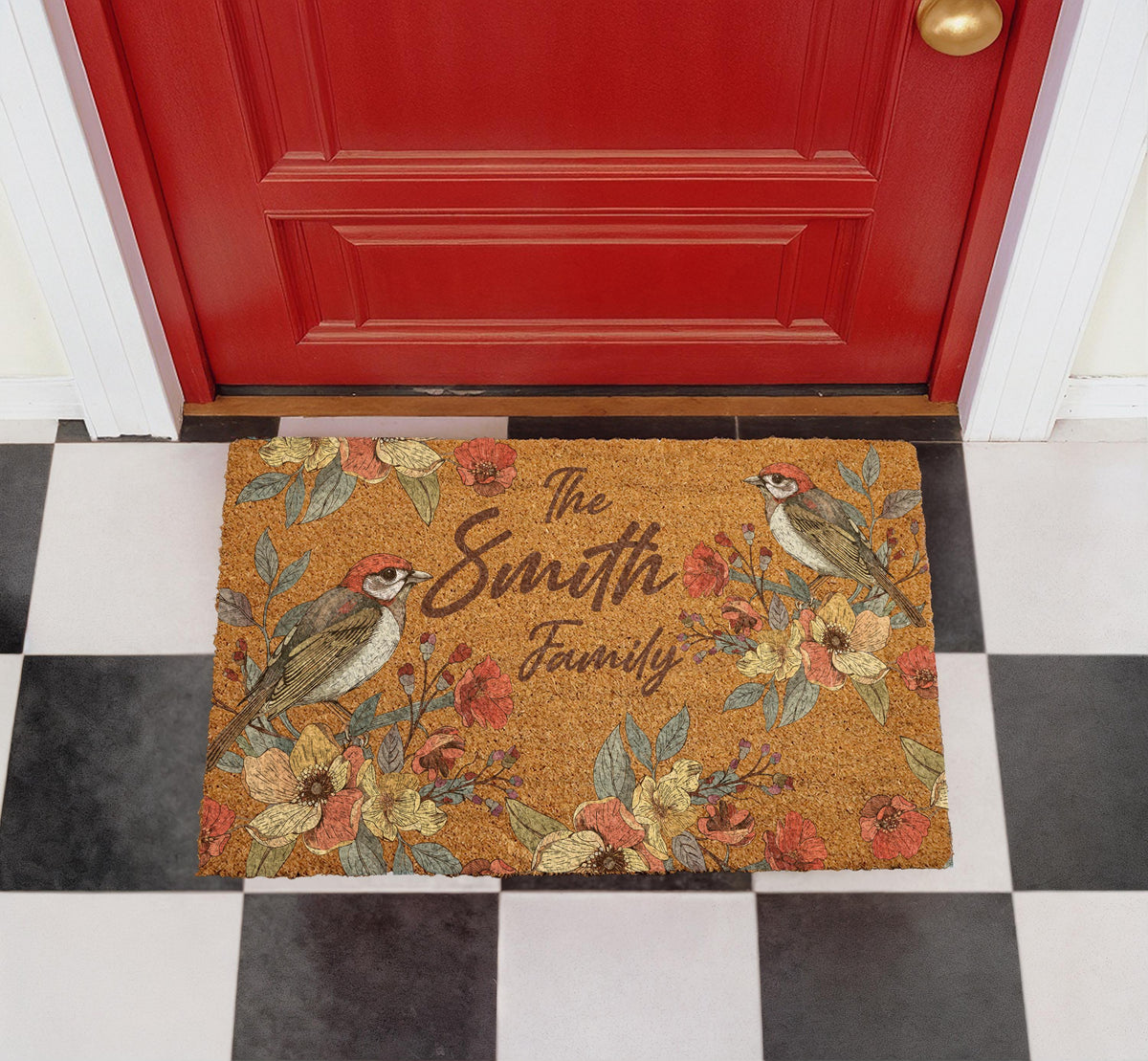 Personalized Floral Bird Door Mat, Botanical Coir Welcome Mat