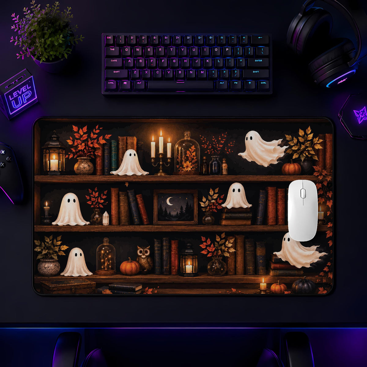 Ghost Bookshelf Desk Mat, Cozy Halloween Mouse Pad, Spooky Fall Office Decor