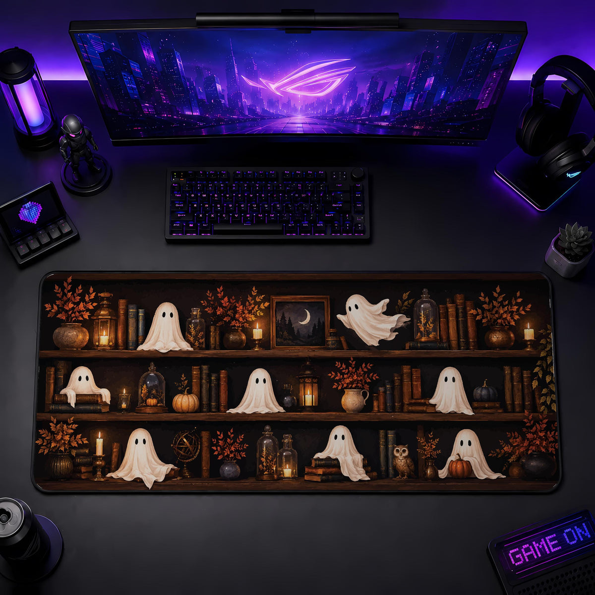 Ghost Bookshelf Desk Mat, Cozy Halloween Mouse Pad, Spooky Fall Office Decor