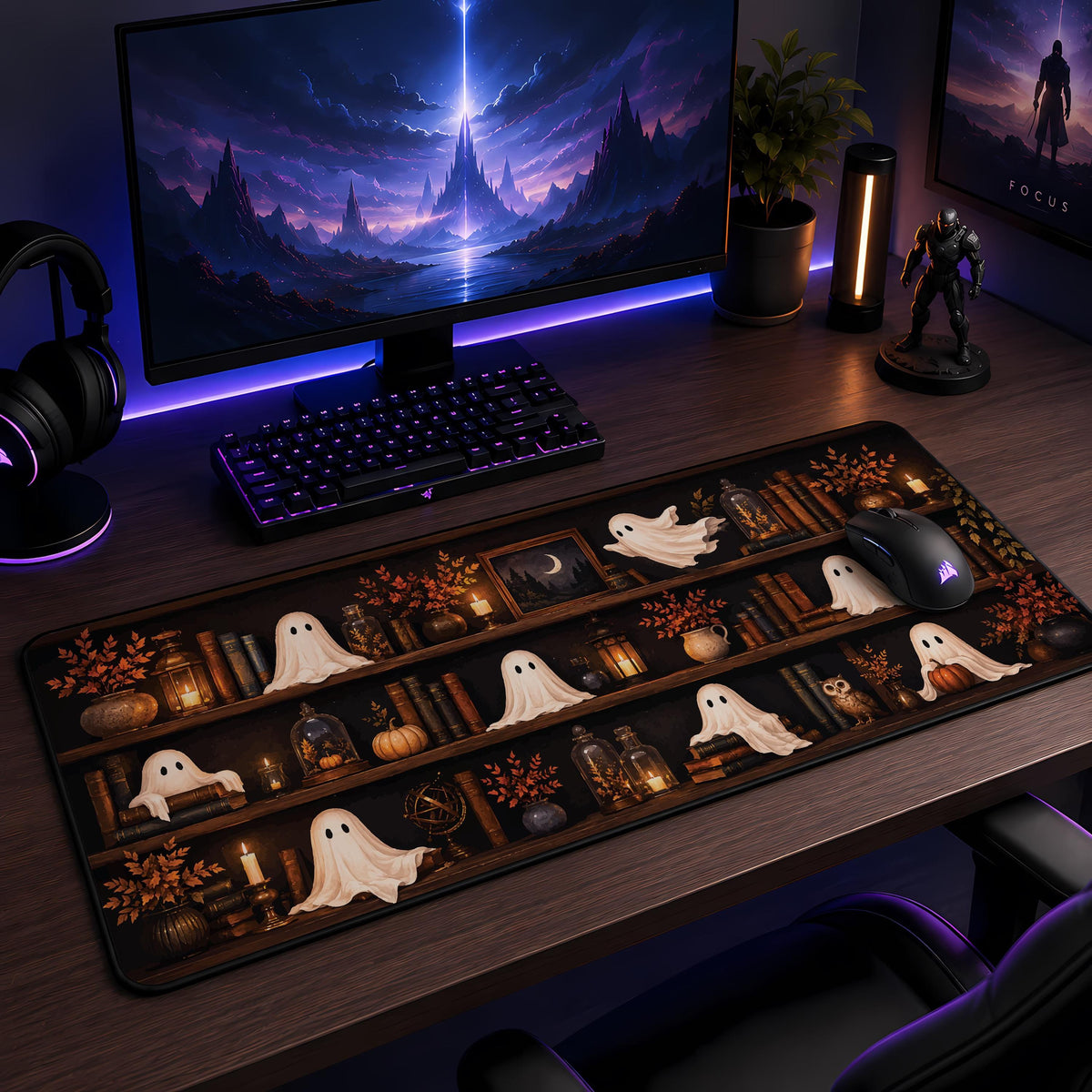 Ghost Bookshelf Desk Mat, Cozy Halloween Mouse Pad, Spooky Fall Office Decor