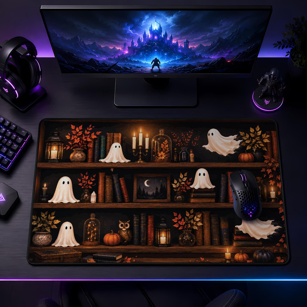Ghost Bookshelf Desk Mat, Cozy Halloween Mouse Pad, Spooky Fall Office Decor